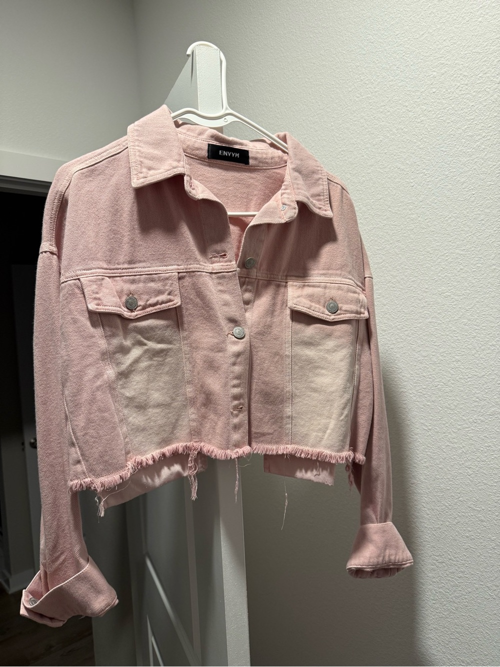 ENVYM Pink Cropped Frayed Hem Denim Jacket